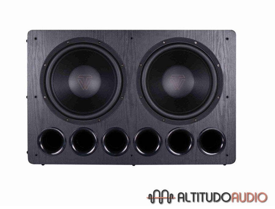 A black Tonewinner SW-D8000PRO subwoofer with dual 15-inch drivers and a ported design.