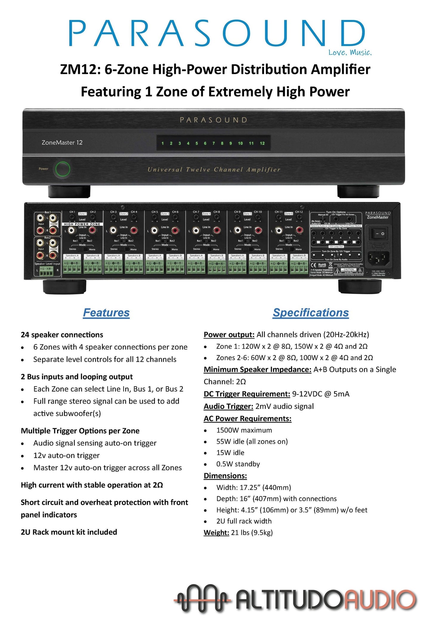 Parasound ZoneMaster ZM12 12-Zone Channel Amplifier