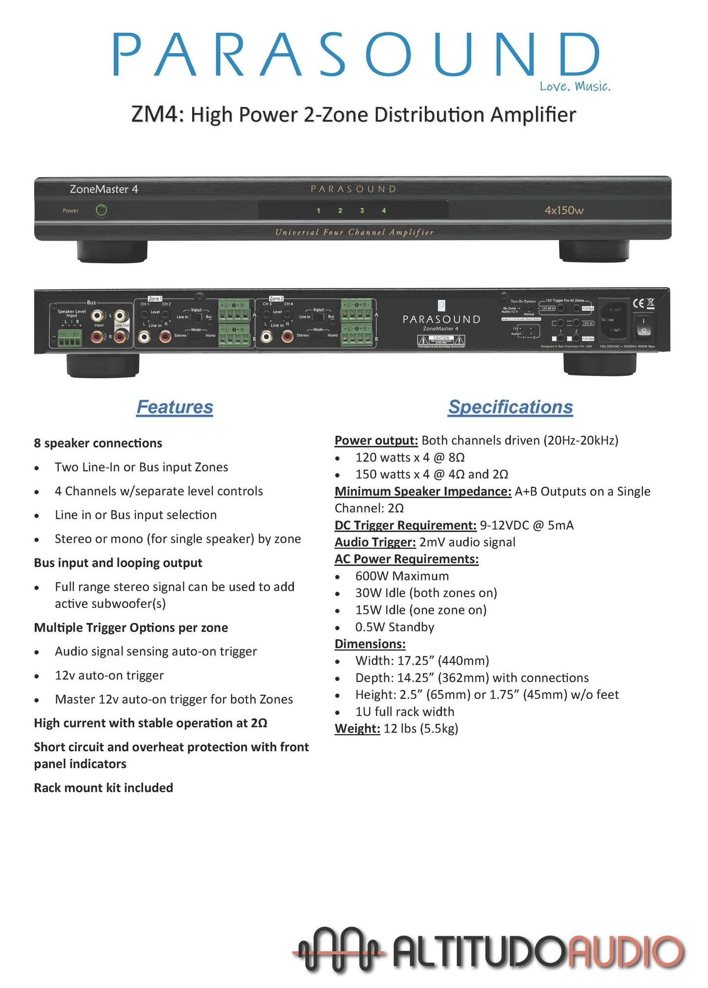 Parasound ZoneMaster ZM4 4-Zone Channel Amplifier